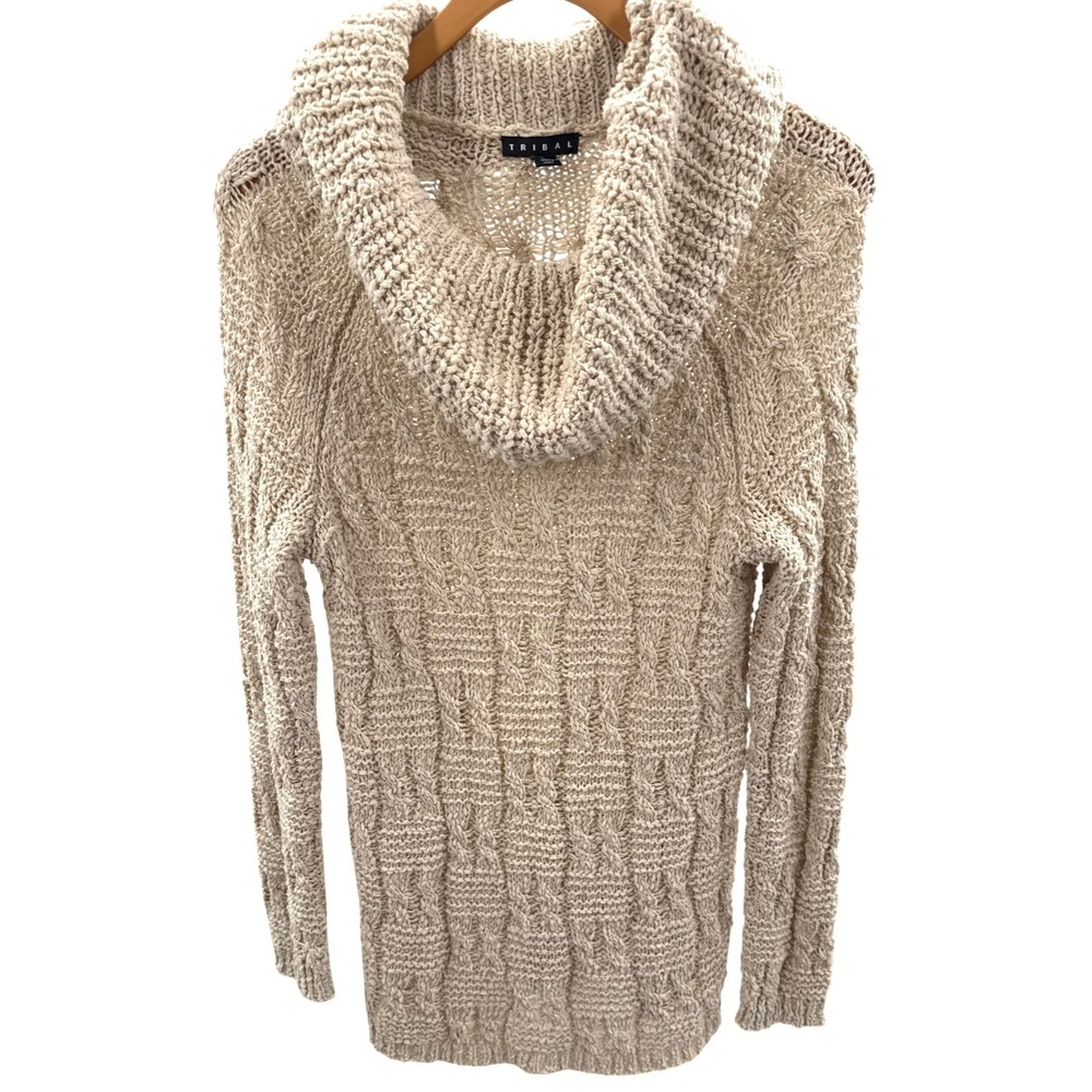 Tribal Sweater Womens Small Oatmeal Cable Knit Cowl Neck Chunky Pullover